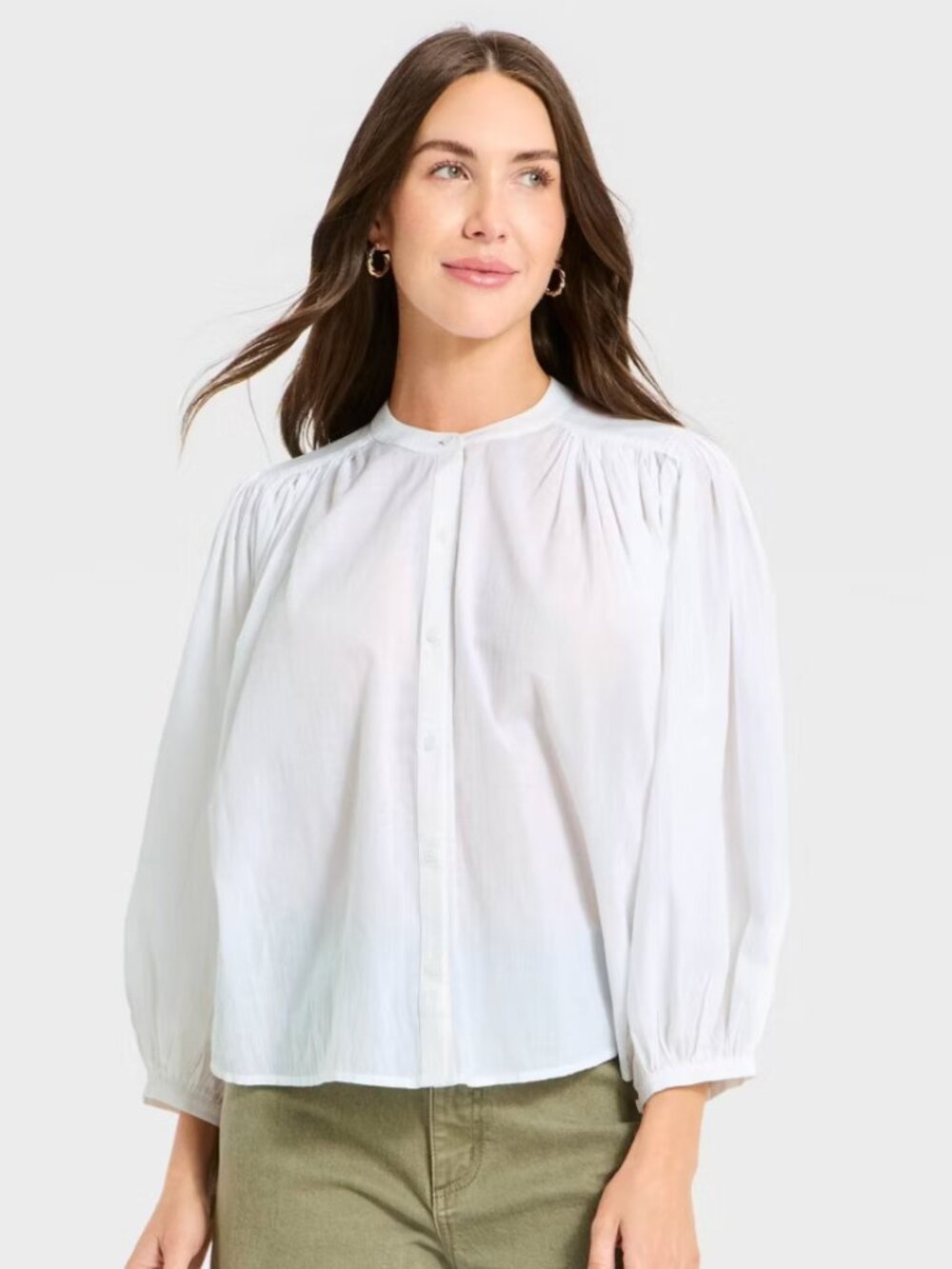 NWT Women's Puff Long Sleeve Banded Collar Neck Blouse - Universal Thread™ White